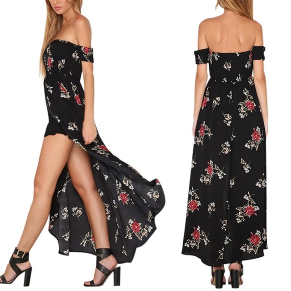 Off Shoulder Rose Floral Smocked Faux Wrap Dress - Picture 4 of 4